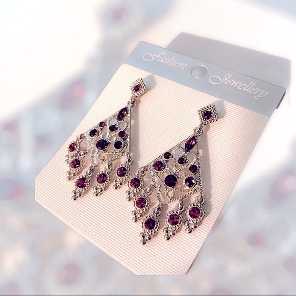 Silvertone Dangle Purple Crystal Earrings - Picture 4 of 5
